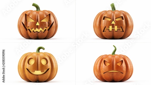 Four glowing jack-o-lantern pumpkins with various scary carved facial expressions