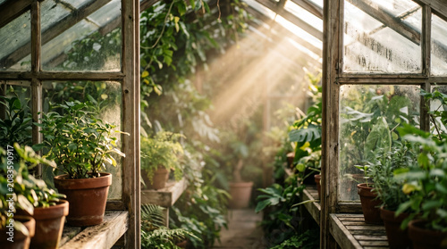 Sunlight streaming into a greenhouse filled with lush green potted plants