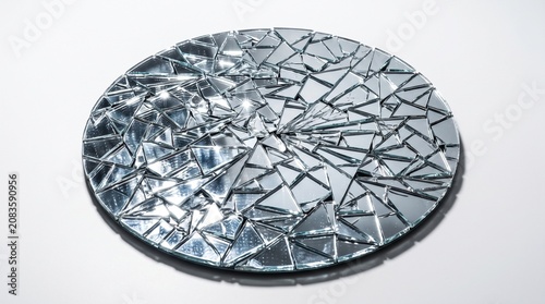 Shattered round mirror with sharp glass shards, broken circular reflective surface, cracked silver mirror pieces for conceptual art and design isolated PNG with Transparent Background