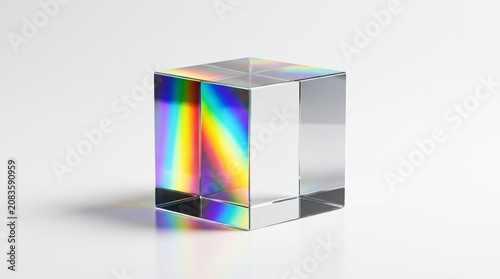 Dichroic glass cube with rainbow light refraction, optical crystal prism reflecting spectral colors, geometric glass block for science and physics isolated PNG with Transparent Background