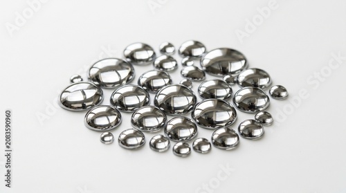 Liquid mercury droplets, shiny metallic silver spheres of quicksilver, toxic chemical element beads for scientific research isolated PNG with Transparent Background