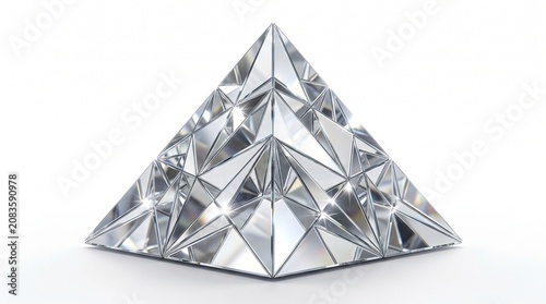 Crystalline glass pyramid with reflective facets, geometric diamond sculpture, elegant silver prism for luxury branding and corporate awards isolated PNG with Transparent Background