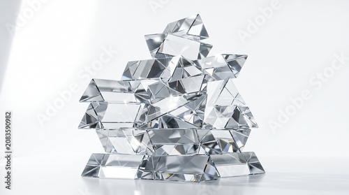 Geometric crystal glass blocks in a stacked arrangement, transparent prism sculpture with light refraction, abstract clear glass architecture isolated PNG with Transparent Background