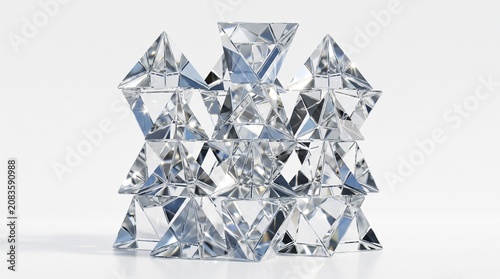 Geometric crystal pyramid cluster, abstract glass prism structure, clear diamond faceted sculpture for luxury branding and jewelry concepts isolated PNG with Transparent Background