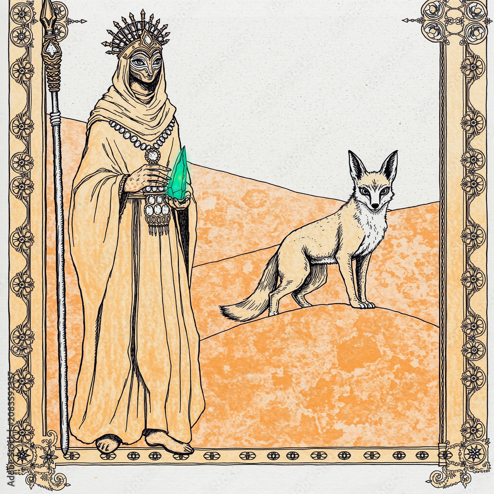 Fototapeta premium Vintage fantasy illustration of a masked desert priestess holding a glowing green crystal with a fox companion on sand dunes.