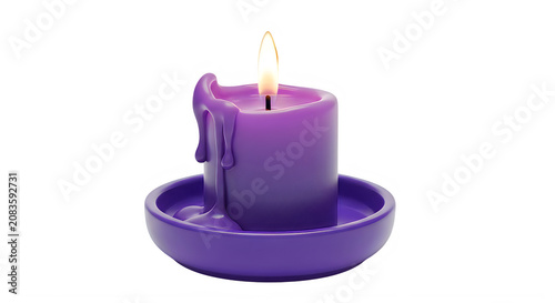 A purple candle in a matching purple candle holder on a white background