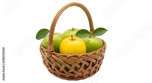 A wicker basket filled with fresh apples and a bunch of grapes