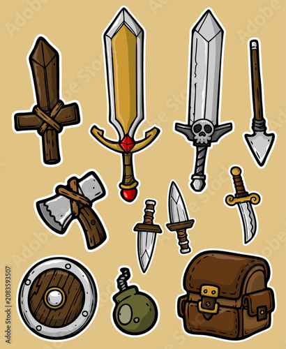 Cartoon Fantasy Weapons & Adventure Gear Set Hand Drawn RPG Sticker Collection