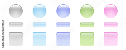 Glossy web buttons set with realistic glass gel texture, colorful pastel pink blue green round and square UI elements collection for website mobile app and game interface vector design