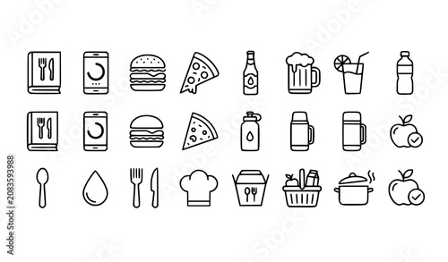 Foto A professional food and nutrition line icon set arranged in a clean grid layout on a solid pure white background