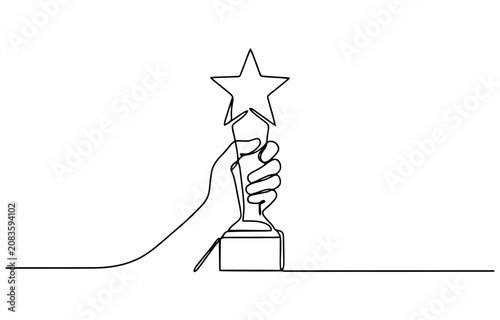 фотографія Continuous line drawing of a human hand holding up a star trophy as a symbol of