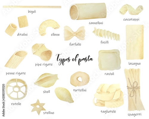 Billede på lærred Watercolor Pasta Types Set
