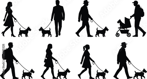 Photography Black silhouettes of people walking dogs