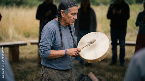 Elderly Native American man playing drum during traditional ceremony in nature