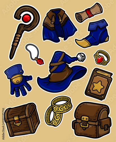 Cartoon Wizard Gear Set Fantasy Mage Items & RPG Inventory Illustration