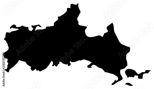 A contour map of Yamaguchi Prefecture. Japanese prefecture silhouette