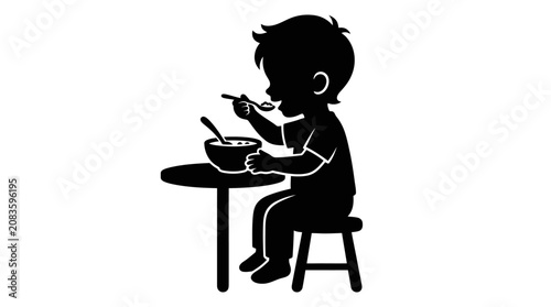 Photos Child Eating Breakfast Silhouette Vector Illustration
