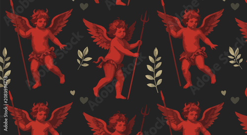 Red cherub, devil cherub, cute demon, vector pattern, black background, Valentine's Day design, illustration