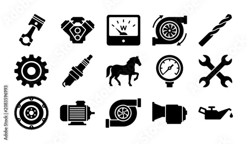 Automotive engine parts and mechanical tools icon set, 15 black vector silhouettes, industrial machinery and car repair equipment symbols