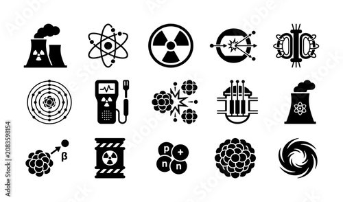 Tableau sur toile Nuclear energy icon set with 15 black vector symbols