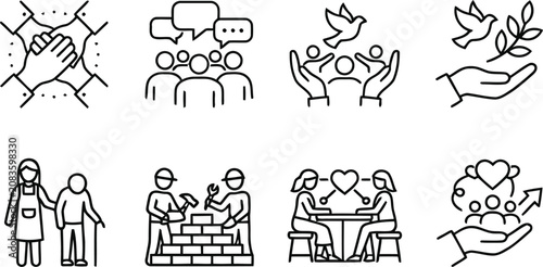 Foto Black line icons of people helping each other