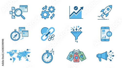 Bild auf Leinwand Business icons depict various concepts including gears, graphs, and money