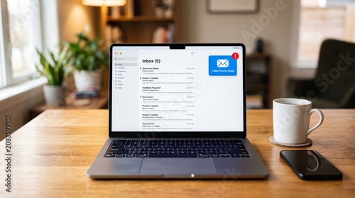 Laptop displaying email notification on screen in a home office setting