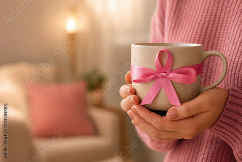 Outubro Rosa: Mãos femininas segurando caneca com laço rosa em ambiente acolhedor, simbolizando conforto e apoio na conscientização do câncer de mama