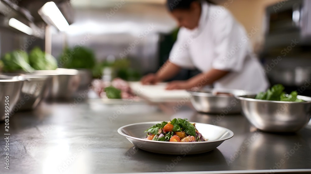 Fototapeta premium A chef prepares food on stainless steel counters while a plated salad sits ready in foreground