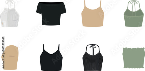 Schilderij op canvas Women Summer Crop Top and Camisole Vector Icon Set Featuring Halter Tops Tube To