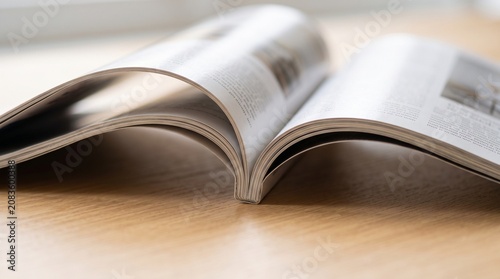 Obraz na plátně Open magazine on wooden surface, pages spread