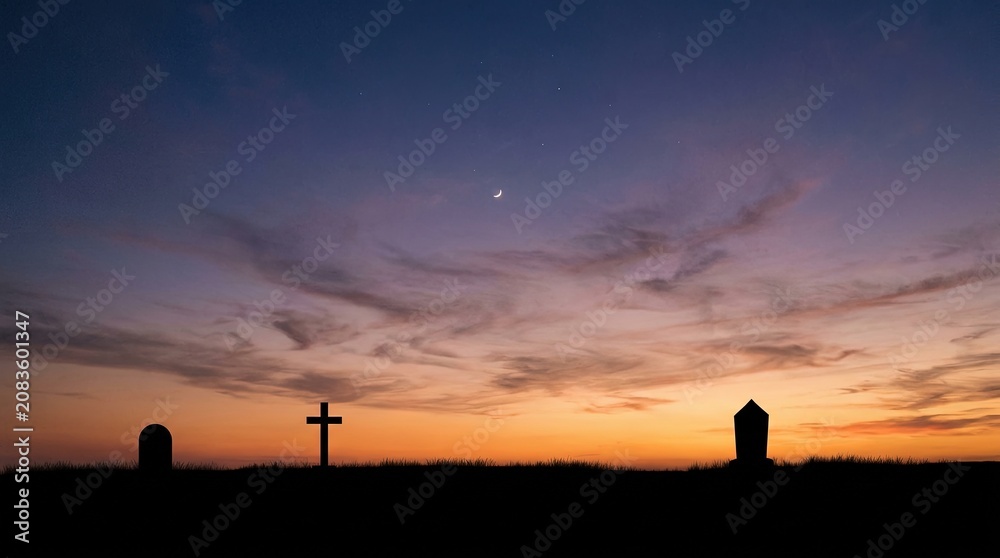 Fototapeta premium Silhouettes of Crosses at Sunset with Dramatic Sky and Moon in Rural Landscape
