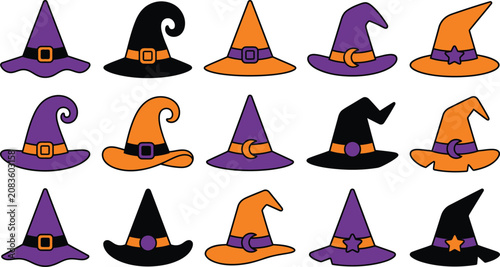 Happy halloween witch hats collection orange and purple pointed caps silhouette