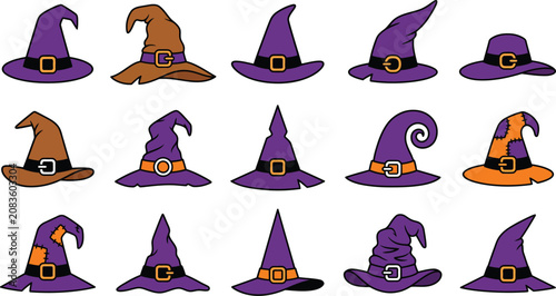 Happy halloween witch hats collection diverse styles for spooky season designs.