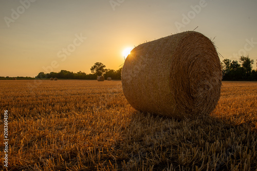 Sunset over a field of hay bales in Bekes, Hungary during the late afternoon