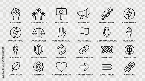 Set of social justice and protest line icons concept. raised fist, solidarity, protest sign, megaphone, broken chains, and power symbol.