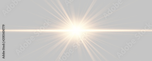 Golden horizontal flare with glowing energy beam. Glowing gold light line with radiant shine. PNG flash with yellow streaks and transparent vector overlay png.