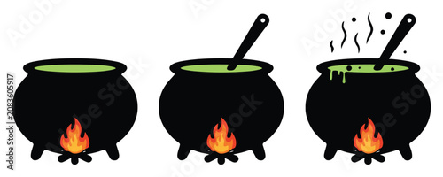 Obraz na płótnie Black cauldron boiling on fire with green potion