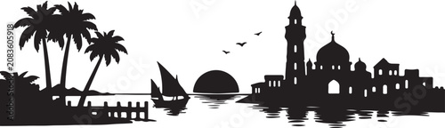 Islamic Coastal City Sunset Silhouette
