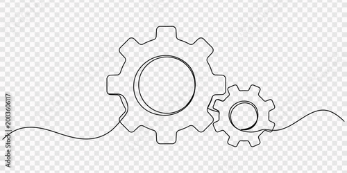 Foto gear continuous one line drawing, continuous one line drawing of three interlocking gears or cogs