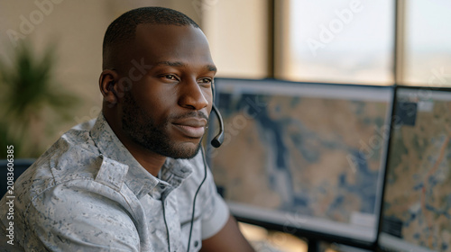 Nigerian disaster response analyst overlays satellite flood extent imagery on regional road network map during emergency coordination call, over-the-shoulder perspective showing
