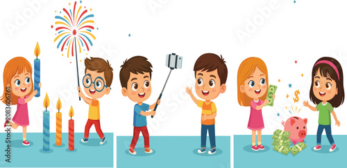 Slika na platnu Happy Kids Celebrating Party with Candles, Sparklers, Selfie and Piggy Bank, Cut