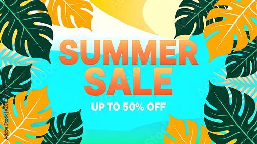 Trendy summer sale banner design background with tropical palm on yellow background. Vector Illustration