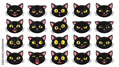Black cat emoji faces with various emotions on white background
