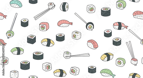 Hand Drawn Sushi Seamless Pattern