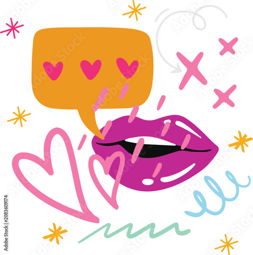 Cute Lips with Love Speech Bubble and Heart Doodle Vector Illustration