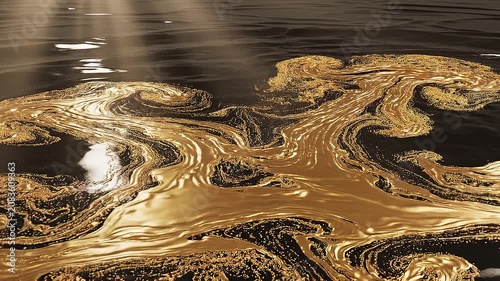 Macro of viscous glossy black liquid with drifting concentrated molten gold loop / 漆黒の流体に純金のエッセンスがゆっくり溶け合う重厚な高級抽象ループ1