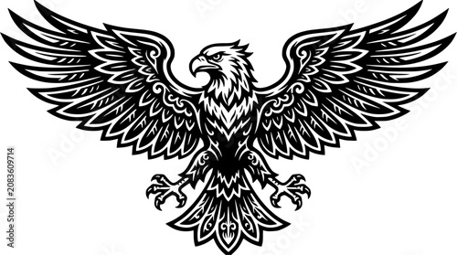 Obraz na plátně Symmetrical majestic eagle emblem with spread wings.