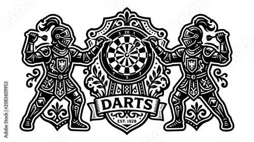 Obraz na płótnie Darts board shield held by two knights in armor.