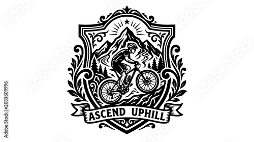 Photos Cycling club emblem featuring rider and mountain peaks.